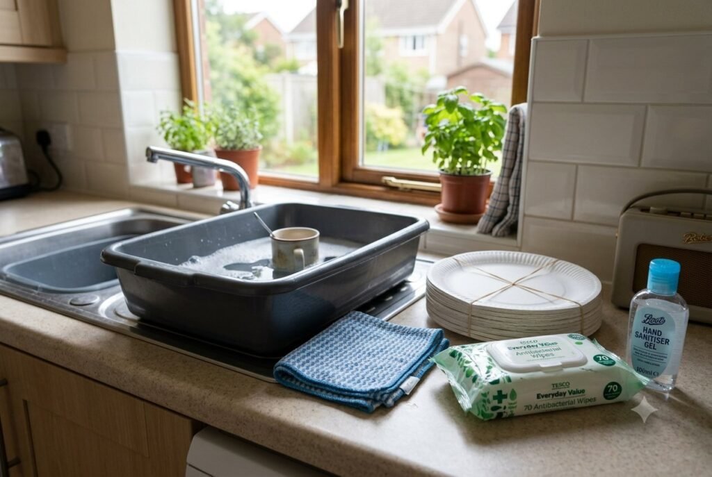 A washing-up bowl, flannel, wet wipes, hand sanitiser and paper plates used to save water at home.