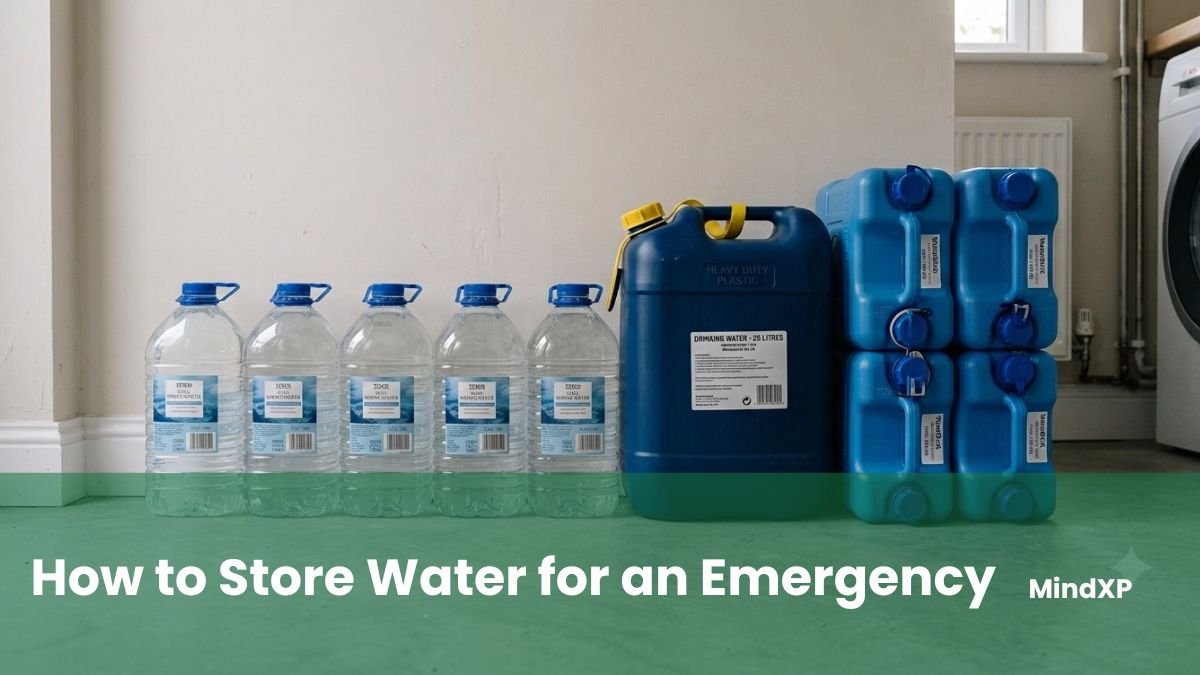 Home emergency water store: bottled water, jerrycan, and stackable water containers
