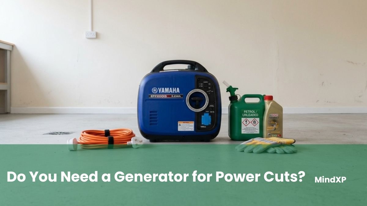 Home generator setup laid out: suitcase inverter generator, extension lead, petrol can, and engine oil