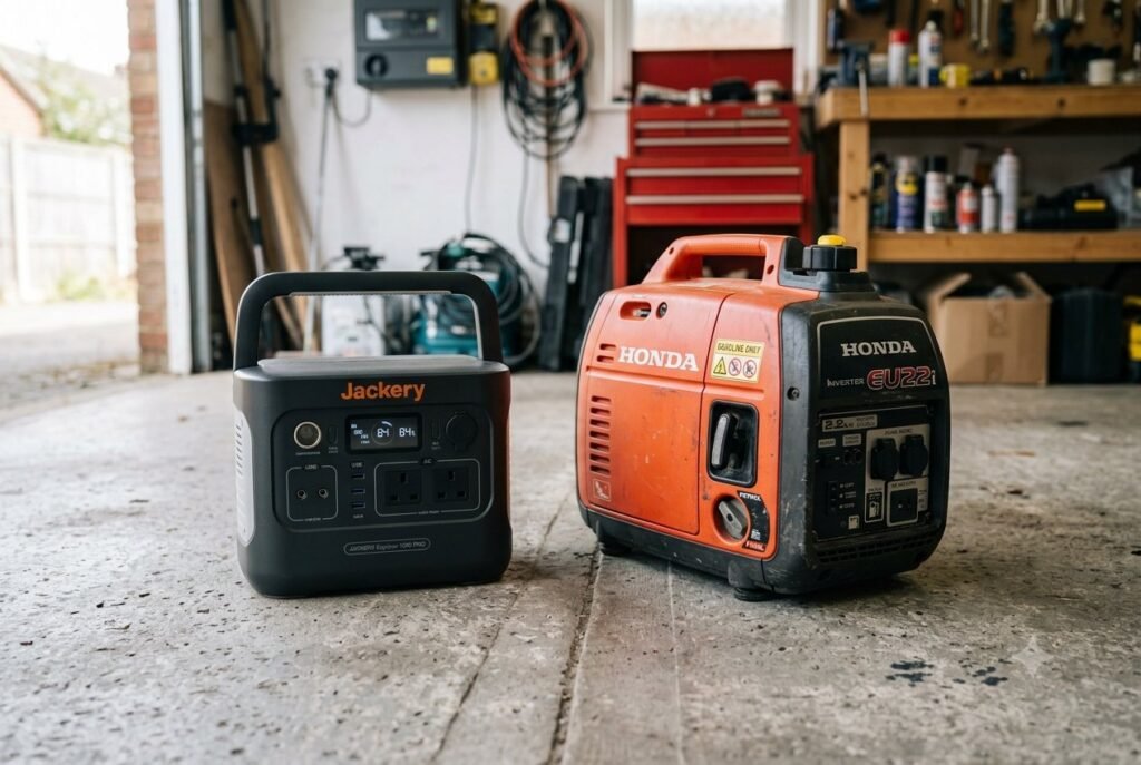 Battery power station and petrol generator side by side, the two backup power options for UK homes