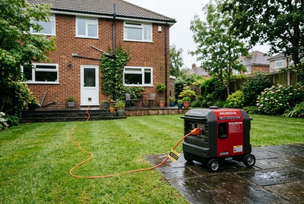 Generator for power cuts placed well away from the house with windows closed and exhaust facing away