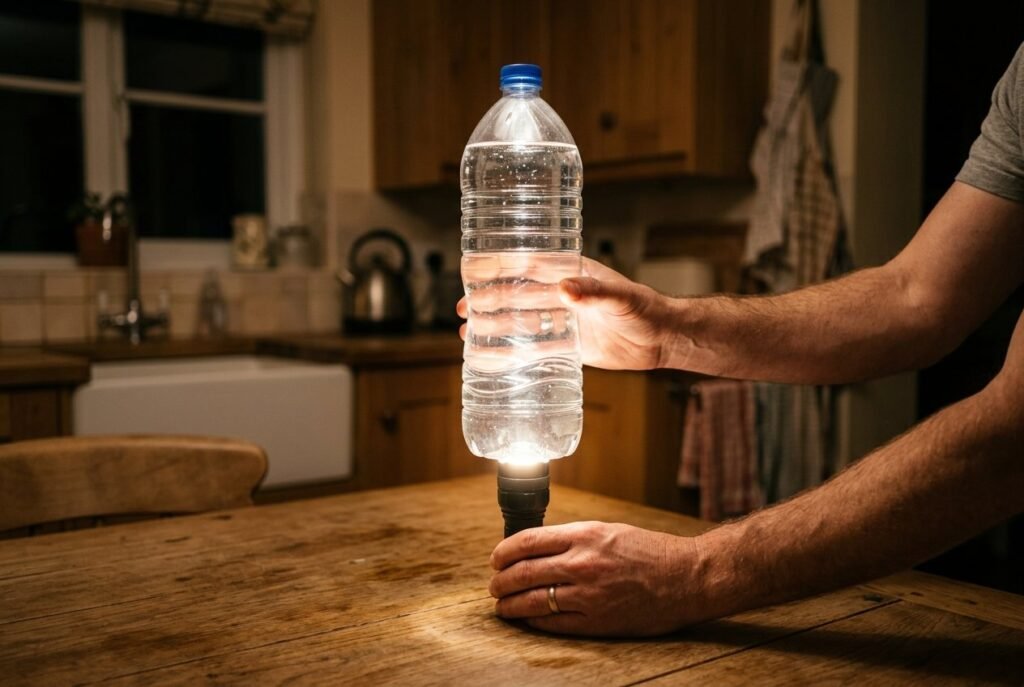 Torch turned into a lantern by standing a bottle of water on the beam