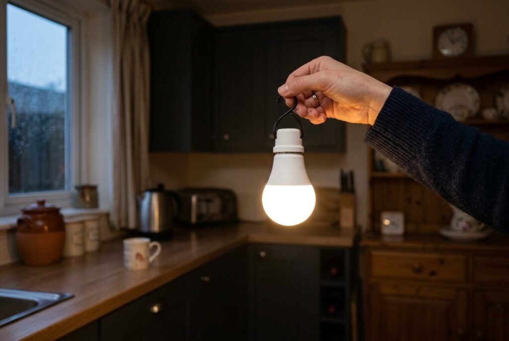 Rechargeable emergency bulb carried by its hook as a portable light during a power cut