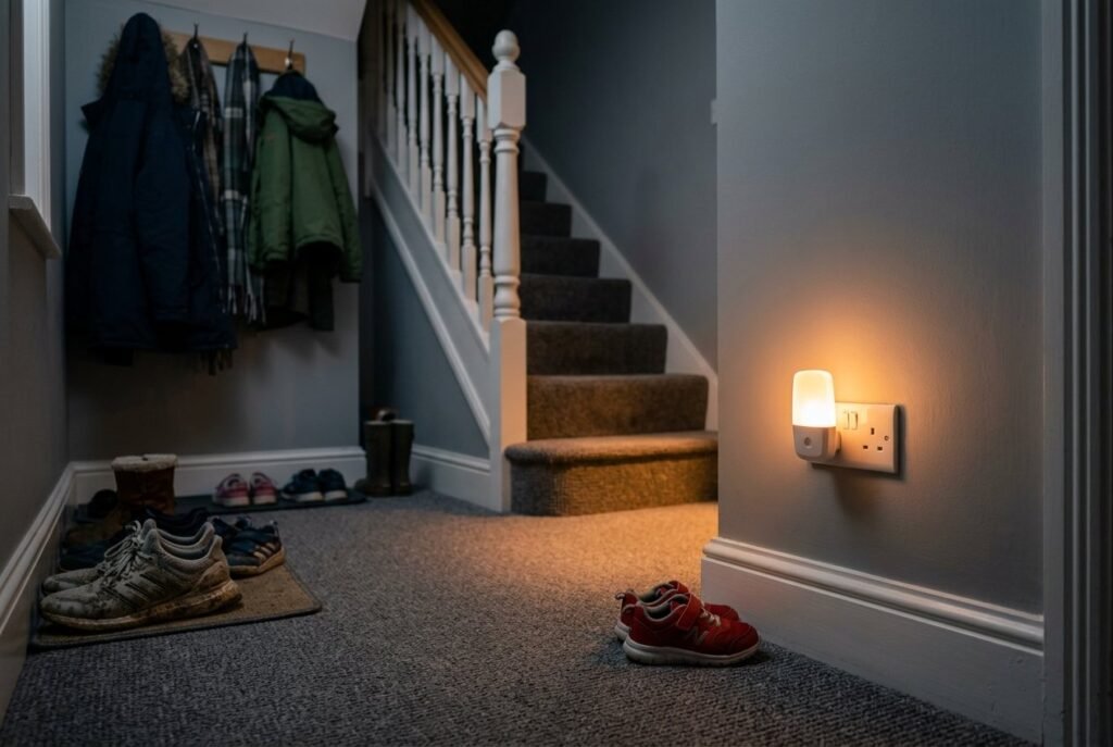 Plug-in power failure light glowing automatically in a hallway socket during a power cut