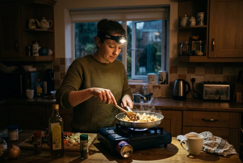 Head torch providing hands-free light for cooking during a power cut