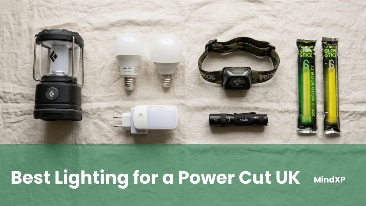 Power cut lighting kit: LED lantern, emergency bulbs, plug-in failure light, head torch, torch, and glow sticks