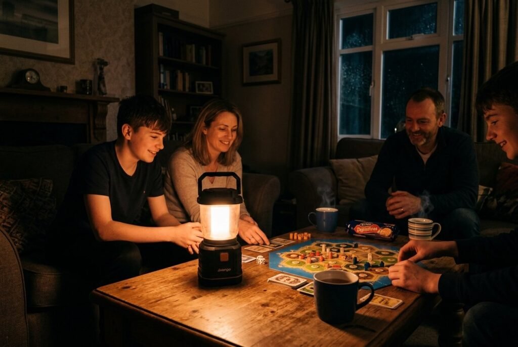 LED lantern lighting a family evening during a power cut