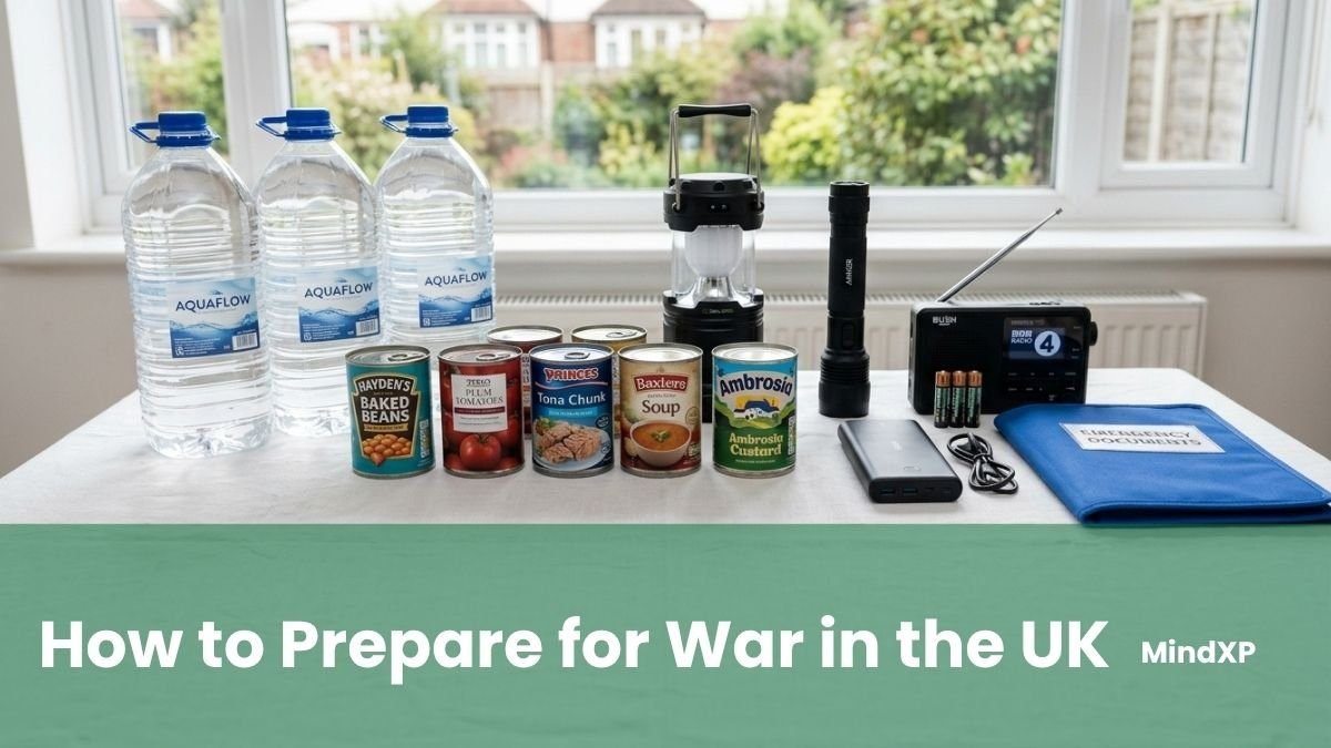 UK household emergency kit: water, tinned food, lantern, torch, radio, and power bank