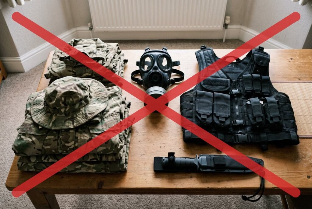 Red cross over tactical gear, camouflage, and a gas mask: not part of UK emergency advice" or shorter