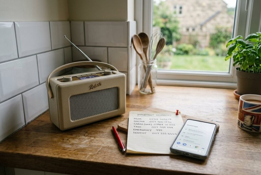 Battery radio and written emergency numbers for staying informed in a power cut