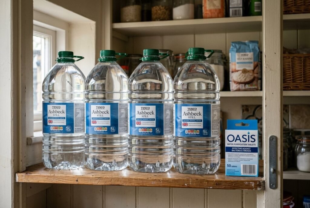 Bottled water and purification tablets stored for a 72-hour emergency supply
