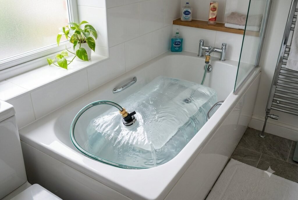 Bath bladder filling with clean water in a bathtub before a supply outage