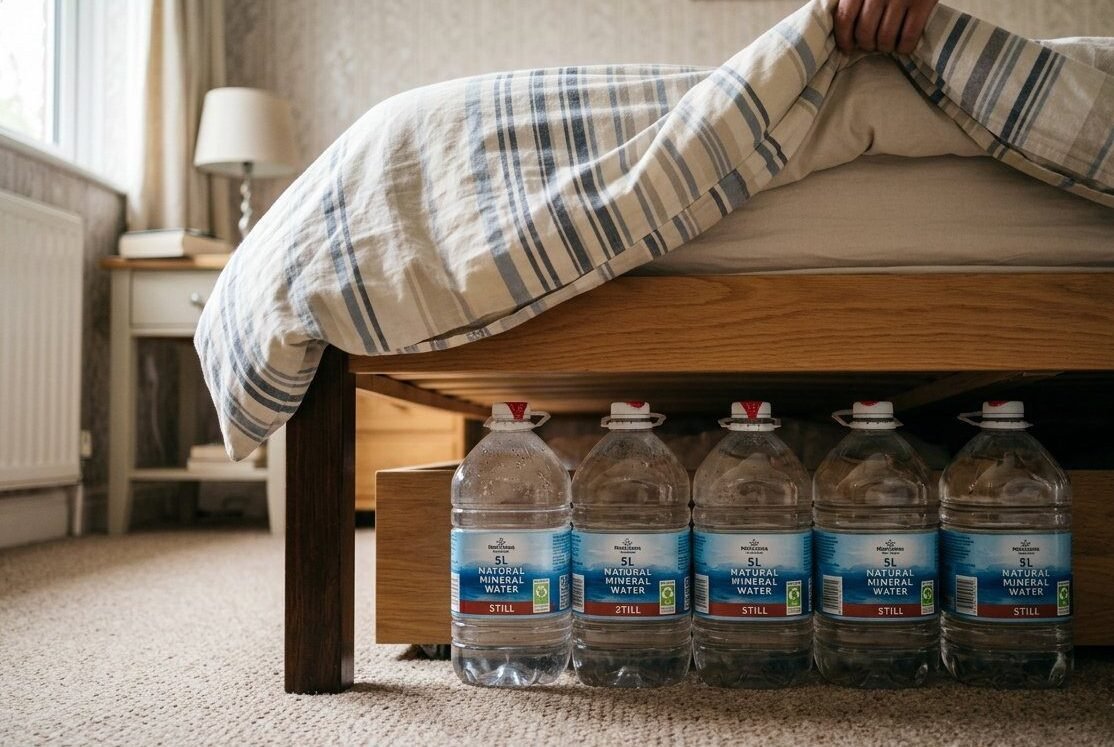 Sealed 5 litre water bottles stored under a bed for emergencies