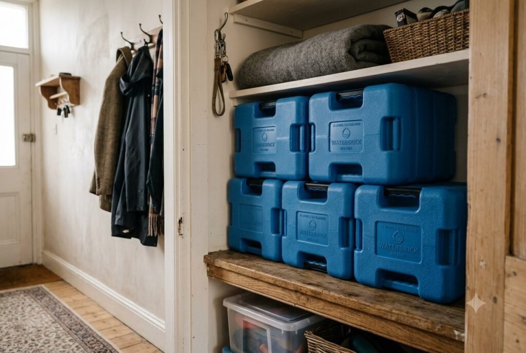 Stackable water brick containers stored in a home cupboard