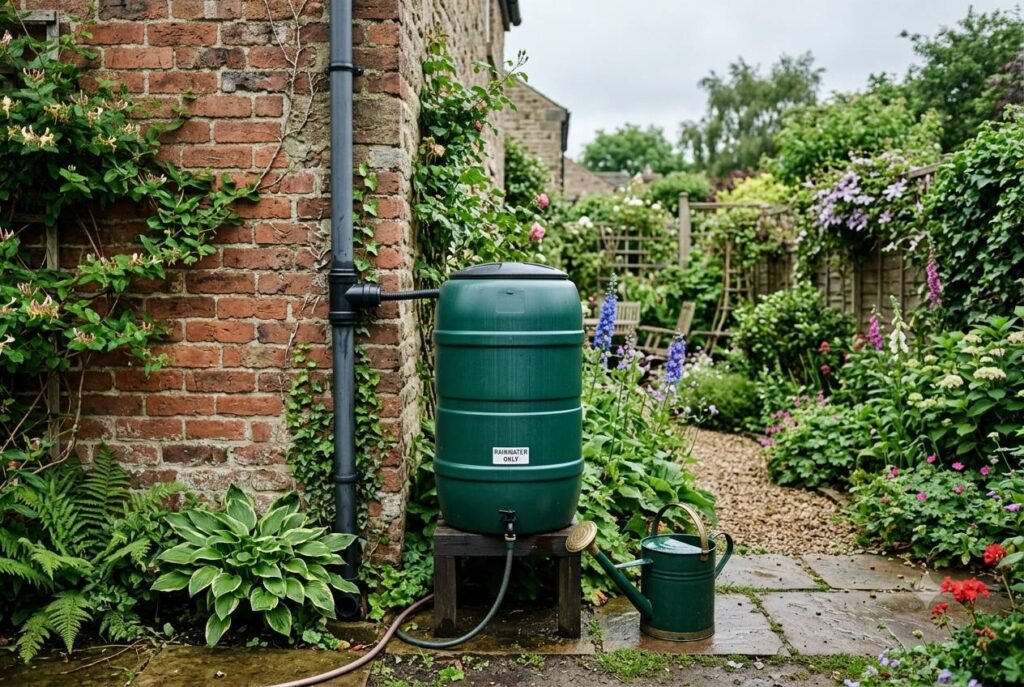 Garden water butt collecting rainwater for flushing and washing, not drinking