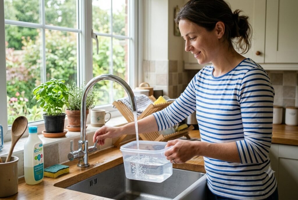Filling a food-grade container with tap water and labelling it with the date