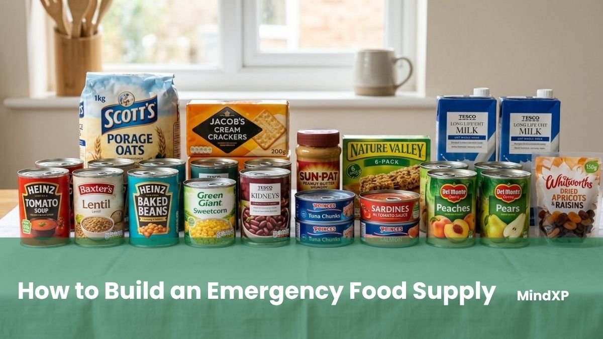 Emergency food supply UK: tins, oats, crackers, peanut butter, cereal bars, and UHT milk