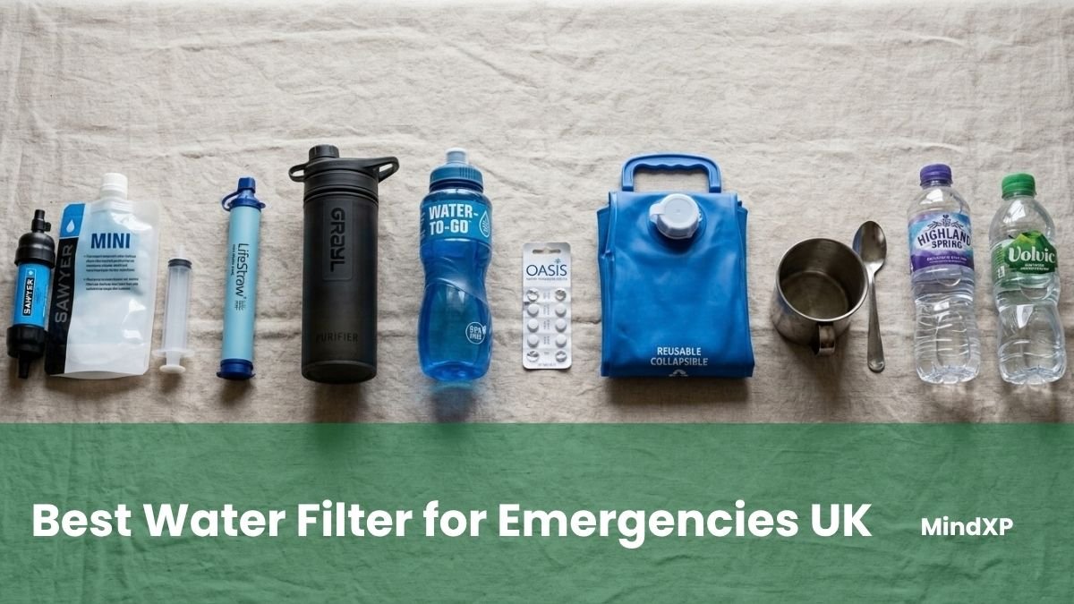 Emergency water kit laid out on linen with a Sawyer filter, LifeStraw, Grayl bottle, Water-to-Go bottle and purification tablets