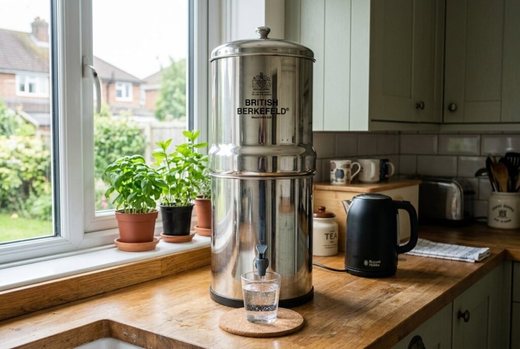 British Berkefeld stainless steel gravity filter on a kitchen worktop with a glass of water under the tap