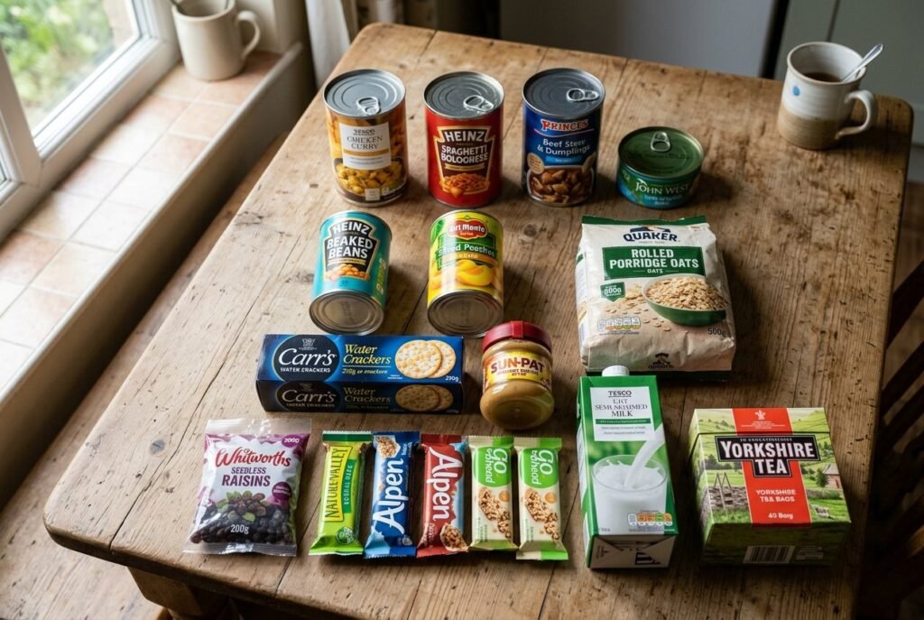 A 3-day emergency food supply for one person laid out on a kitchen table