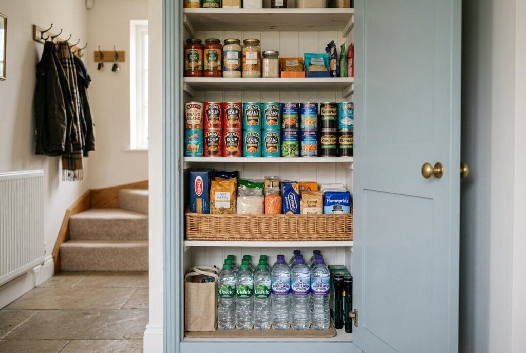 Emergency food and water stored together in a cool hallway cupboard