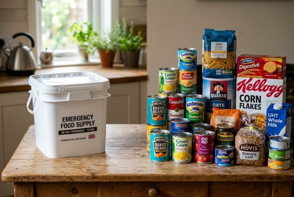One freeze-dried food bucket beside the far larger supermarket food supply the same money buys