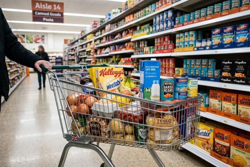 A normal supermarket shop with a few extra long-life items added for the emergency store