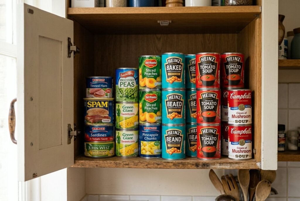 Tinned meat, fish, fruit, and vegetables stocked as emergency staples in a kitchen cupboard