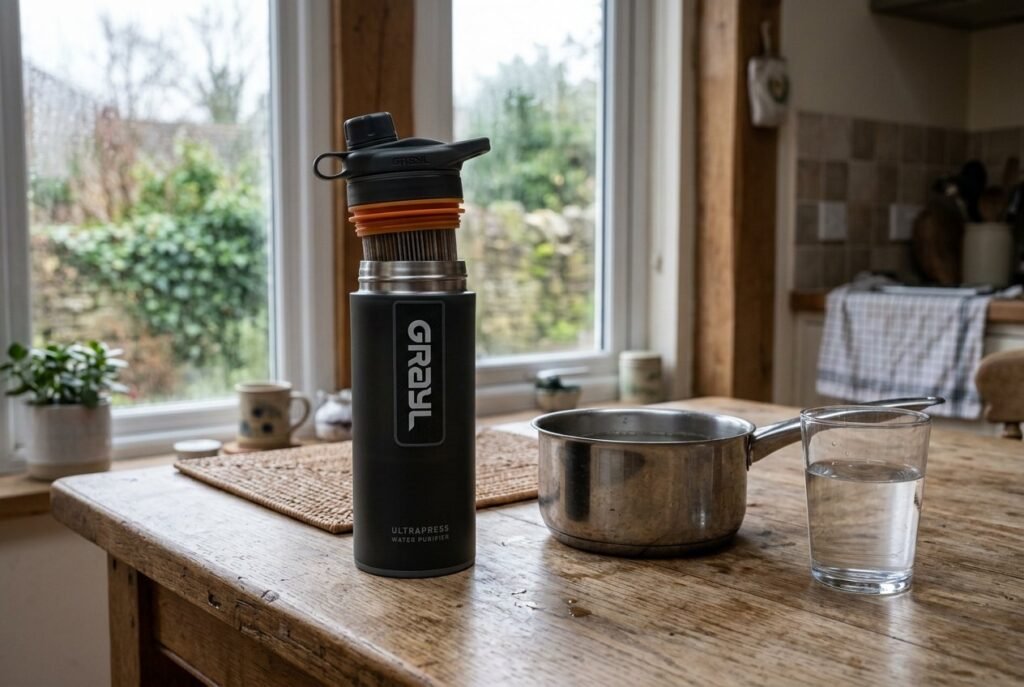 Grayl UltraPress purifier bottle on a kitchen table next to a saucepan and a glass of water