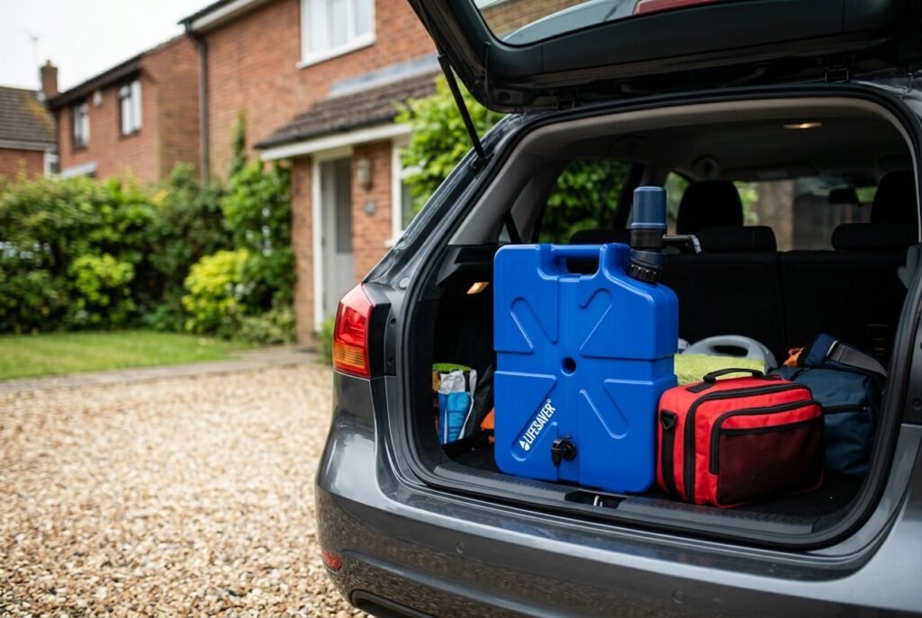 LifeSaver Jerrycan water purifier in the boot of a car next to a first aid bag