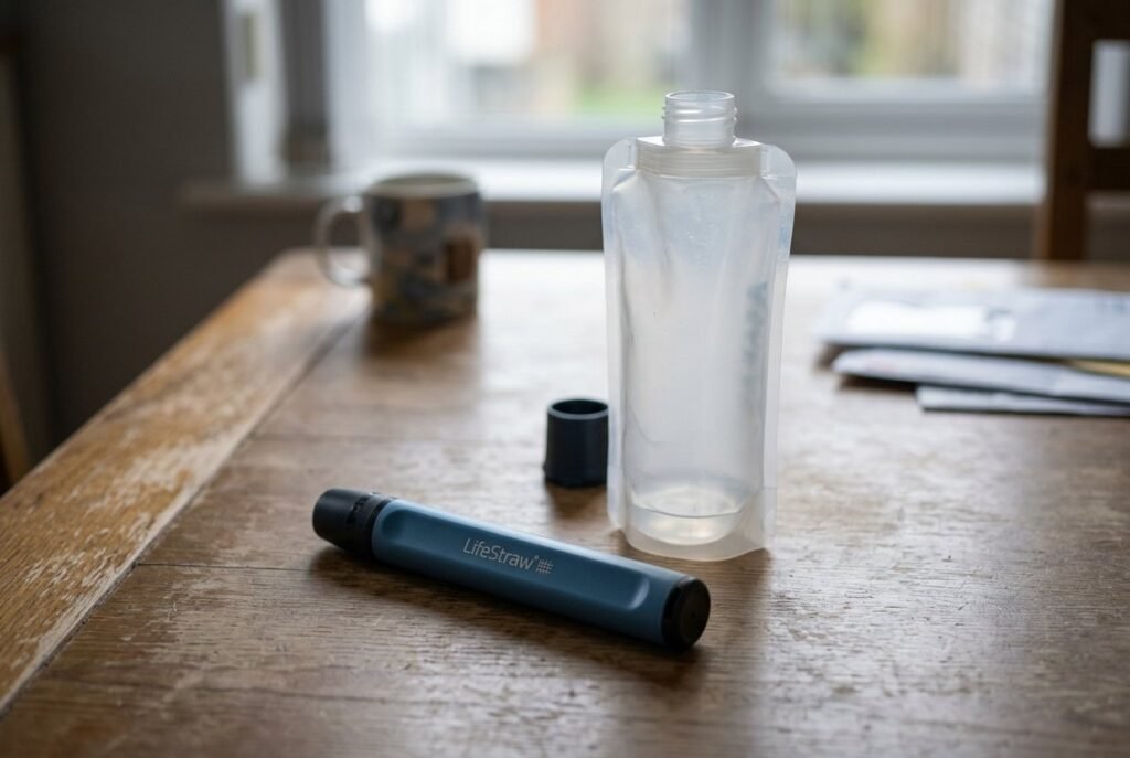 LifeStraw Peak Series filter straw on a wooden table next to a soft water bottle