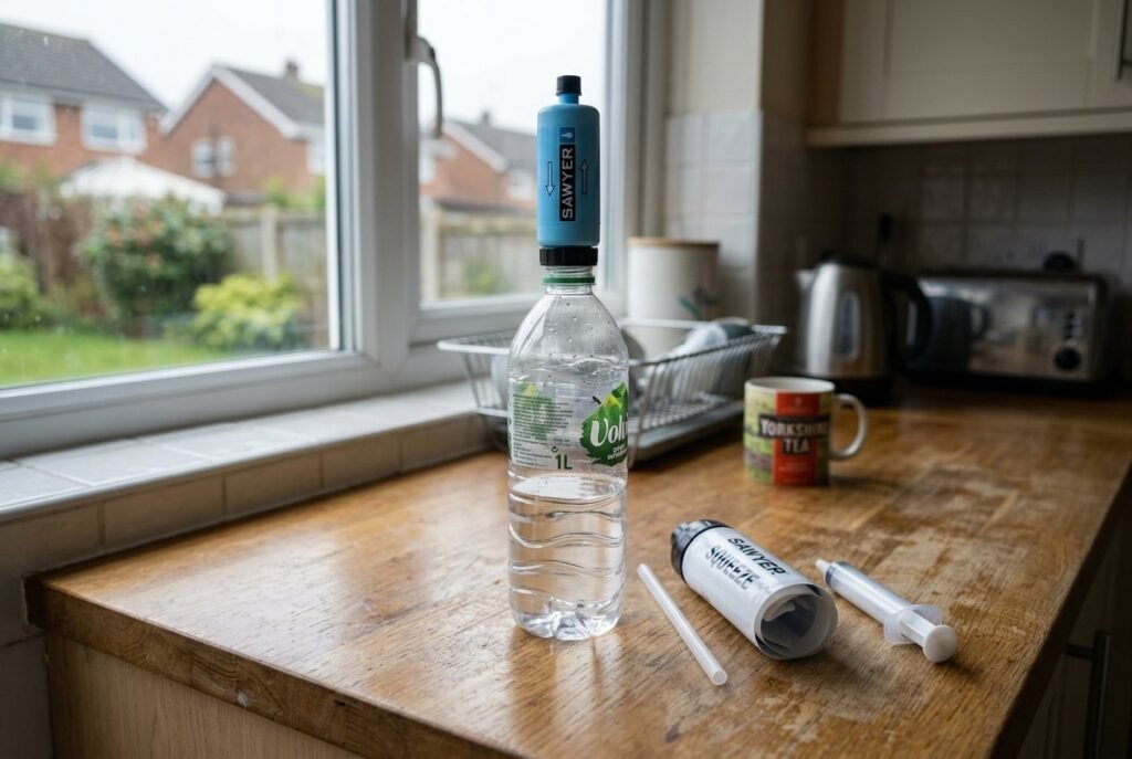 Sawyer Mini water filter screwed onto a drinks bottle, with a squeeze pouch, straw and syringe on a kitchen worktop