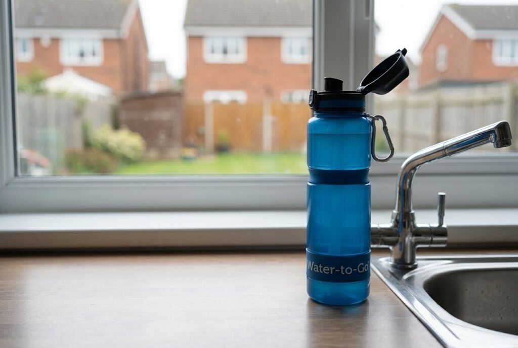 Water-to-Go 75cl filter bottle with its lid open next to a kitchen tap