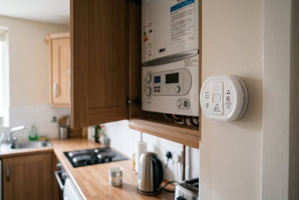 Aico Ei208 carbon monoxide alarm on a kitchen wall near a boiler cupboard