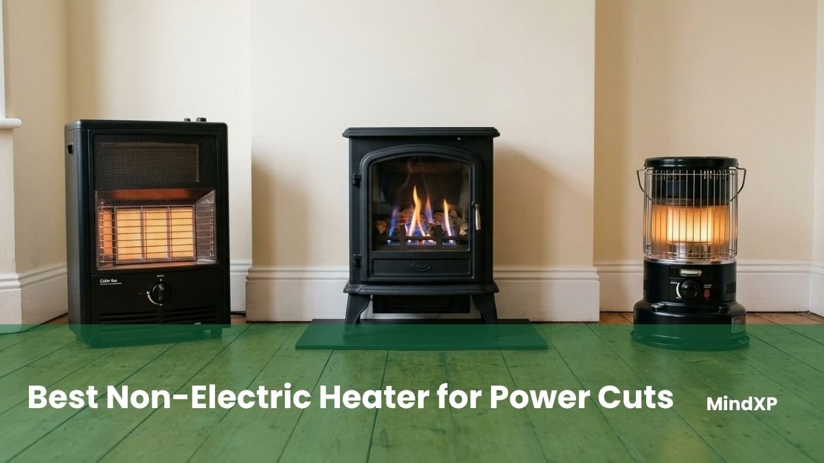 Gas cabinet heater, gas stove and paraffin heater lined up against a living room wall
