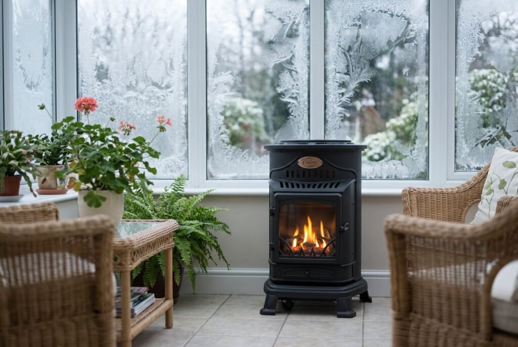 Calor Provence living-flame gas stove in a conservatory with frosted windows