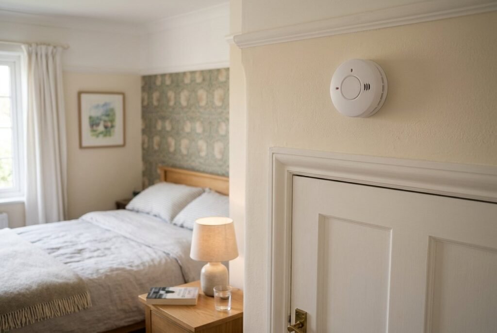 Carbon monoxide alarm mounted above a bedroom door