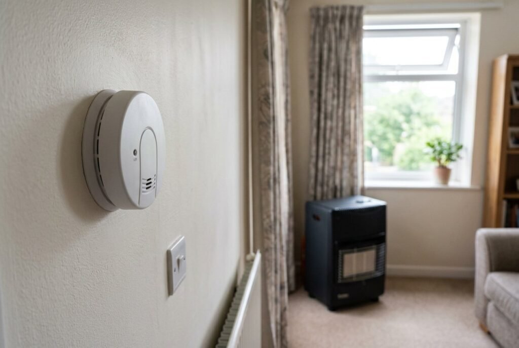 Carbon monoxide alarm on a living room wall, with a gas heater by an open window behind
