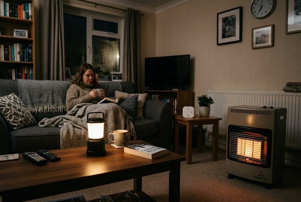Carbon monoxide alarm on a side table near a portable gas heater during a power cut