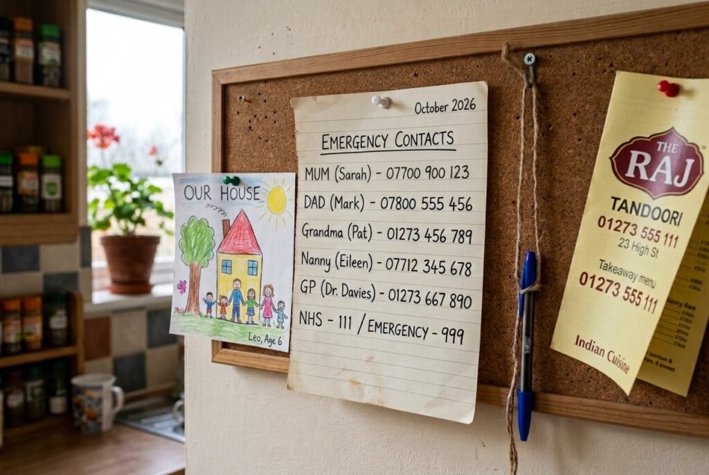 Handwritten emergency contacts list pinned to a kitchen noticeboard