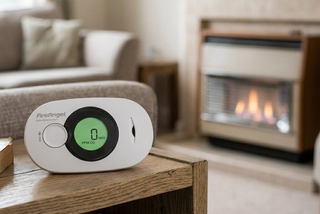 FireAngel FA3322 digital carbon monoxide alarm on a living room shelf
