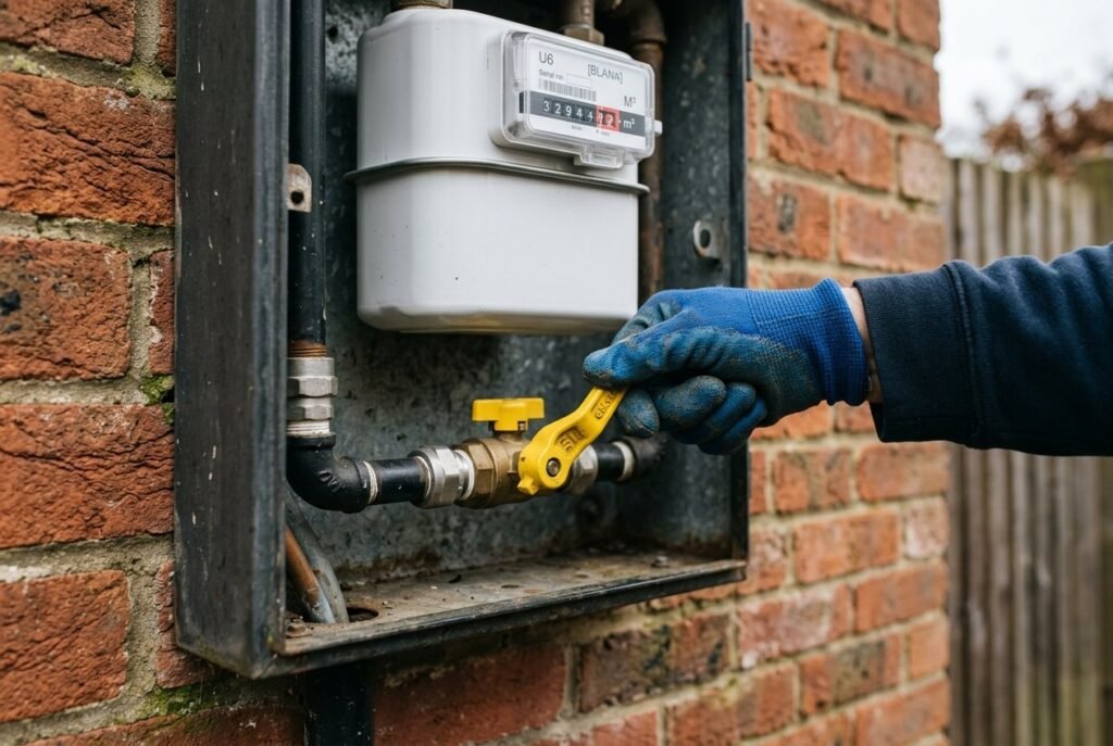 Gloved hand turning the gas emergency control valve below a meter