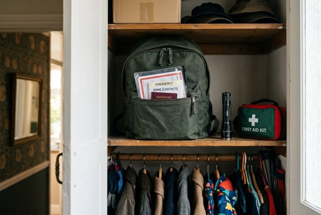 Packed grab bag with documents and a torch on a hallway cupboard shelf