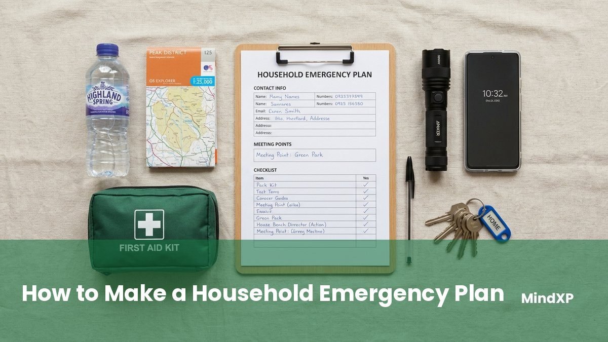 Household emergency plan on a clipboard with a torch, phone, keys, first aid kit and water
