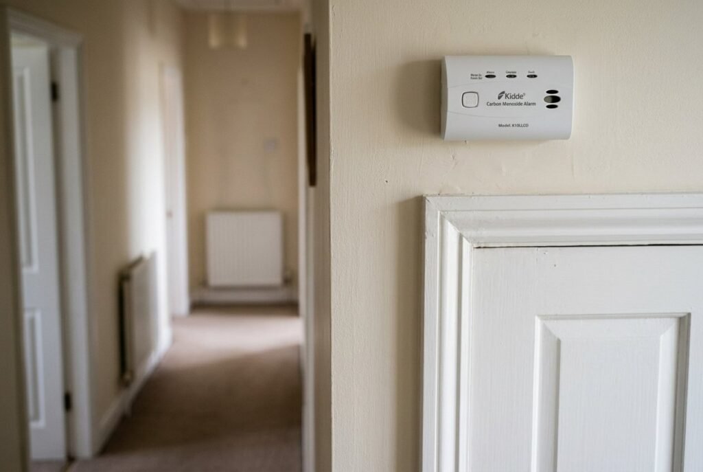 Kidde K10LLCO carbon monoxide alarm mounted high on a hallway wall