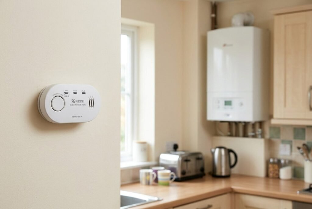Kidde K5CO carbon monoxide alarm on a kitchen wall near a gas boiler