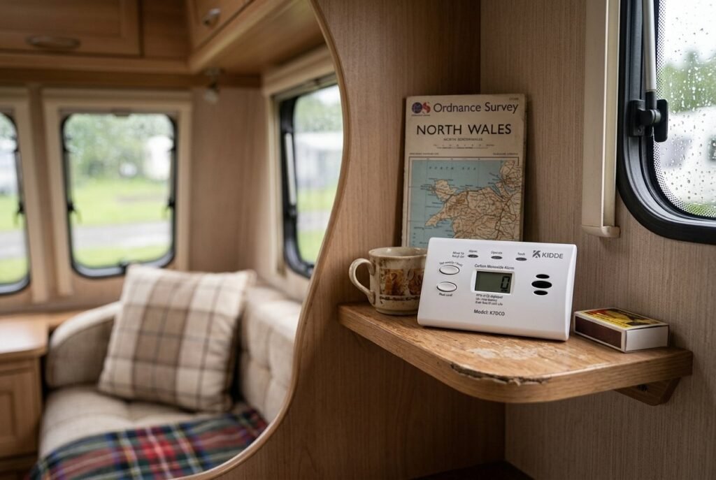 Kidde K7DCO digital carbon monoxide alarm on a shelf inside a caravan