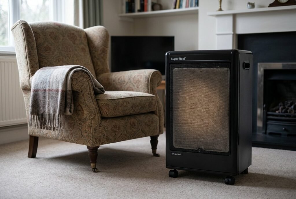 Super Heat 3kW catalytic gas heater next to an armchair in a sitting room