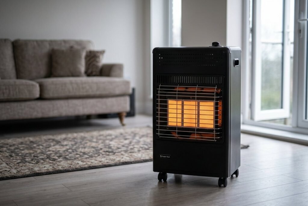 Super Heat 4.2kW radiant gas heater with glowing ceramic panels in a living room