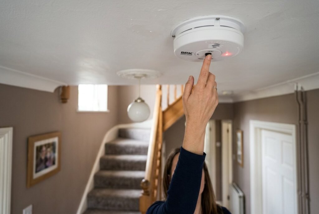 Hand testing a ceiling smoke alarm in a hallway